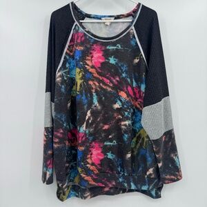 Fantastic Fawn Top Women Large Gray Multicolor Oversize Waffle Knit Long Sleeve